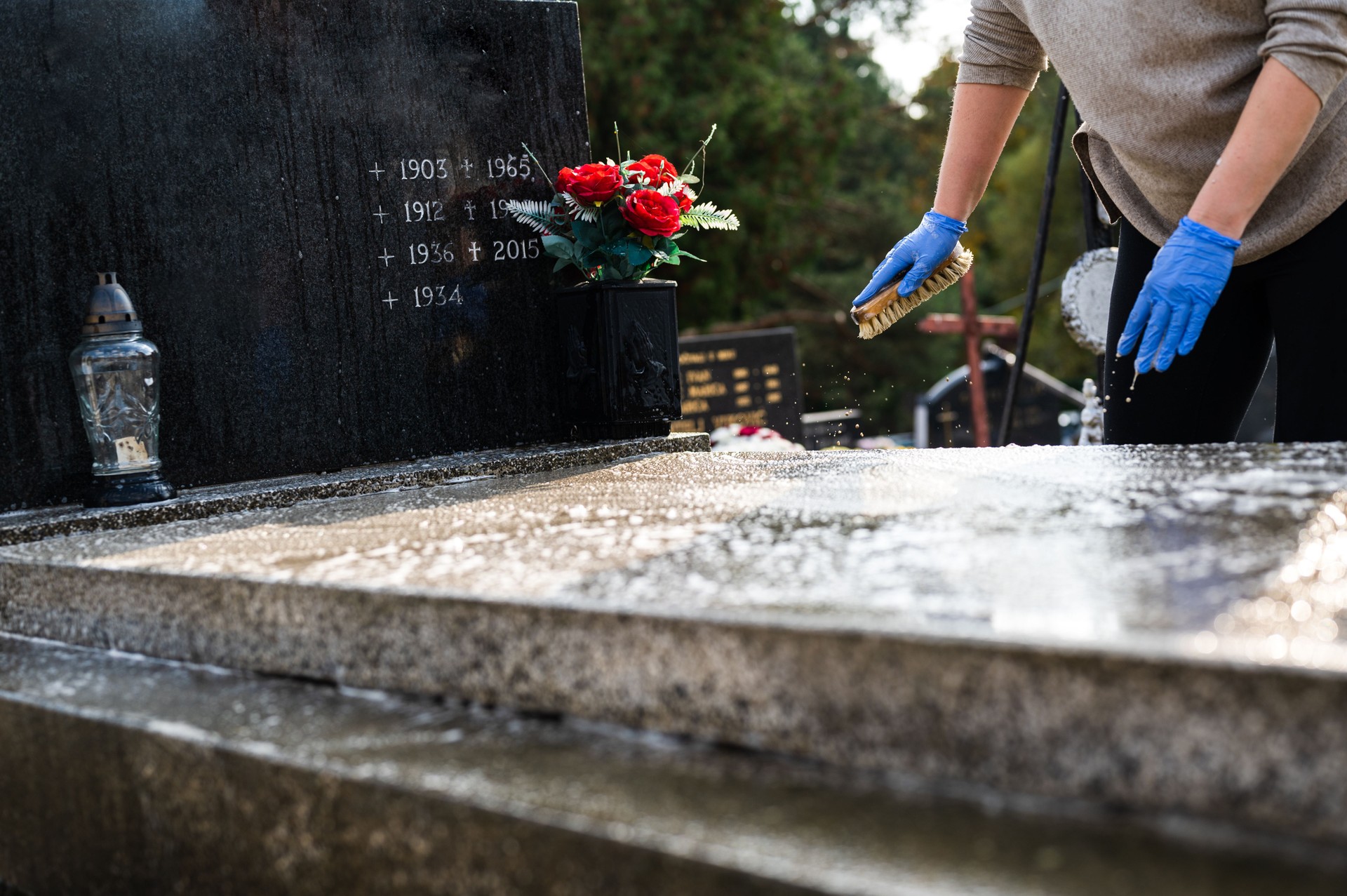Cleaning multiple gravestones in a family plot